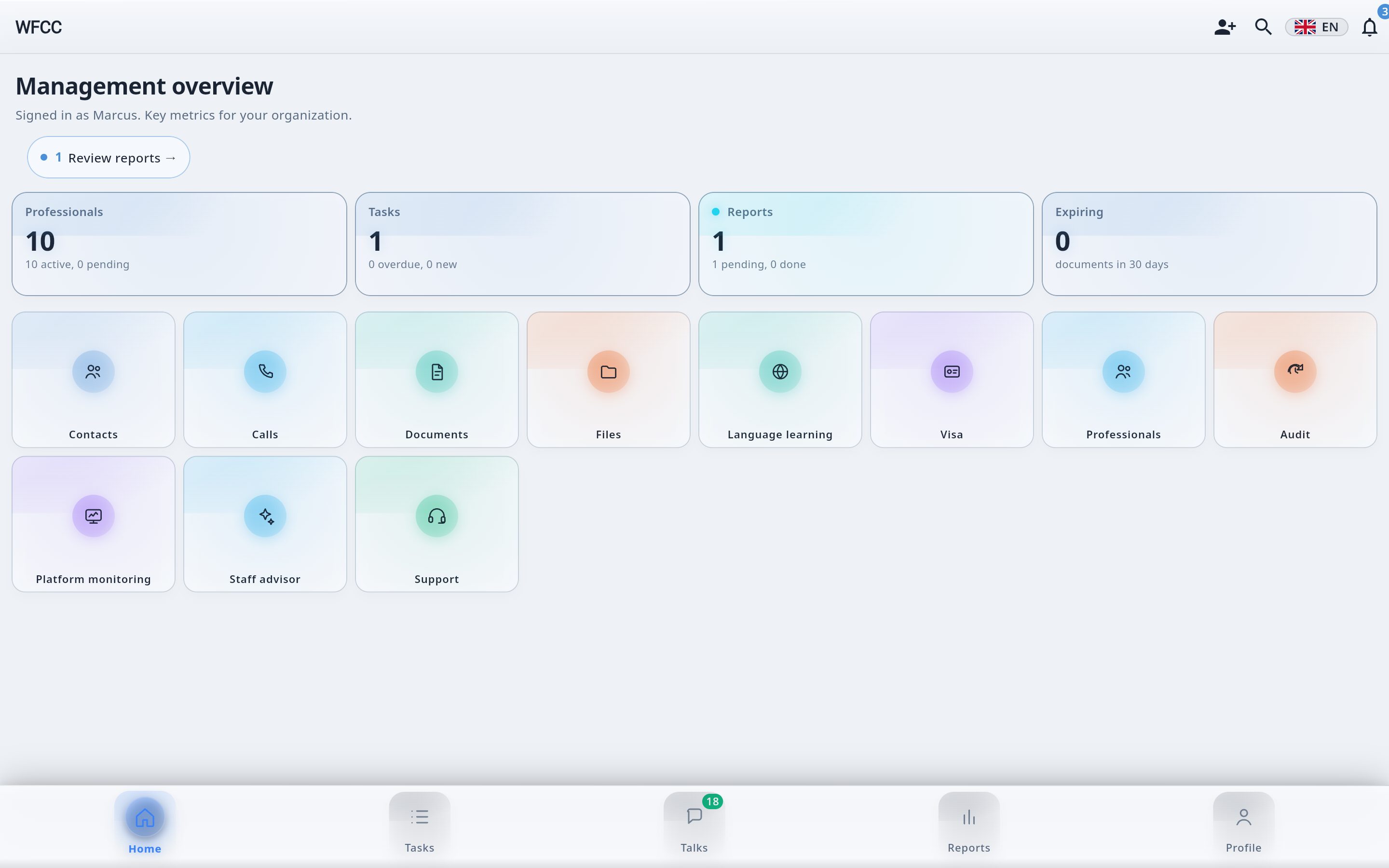 Sees the whole picture: teams and locations, expiring documents, reports, audit log and analytics.