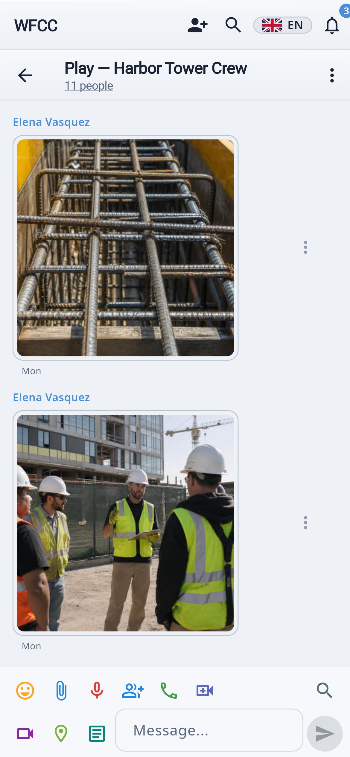 Crew channels and direct messages with photos, files, voice notes and live location. Read any message in your own language with one tap. Drafts and unsent messages wait on the phone and go out the moment the signal comes back.