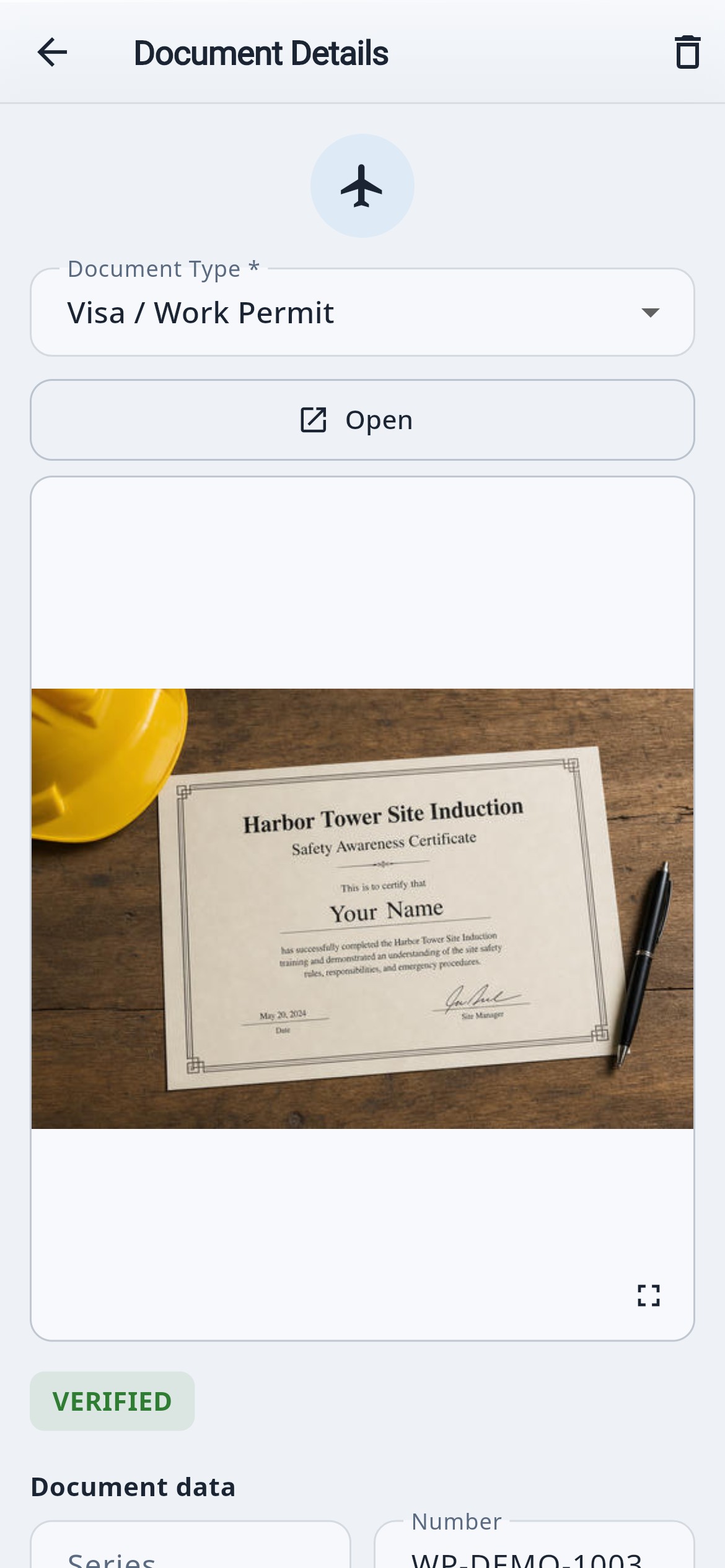 WFCC document details with a verified certificate