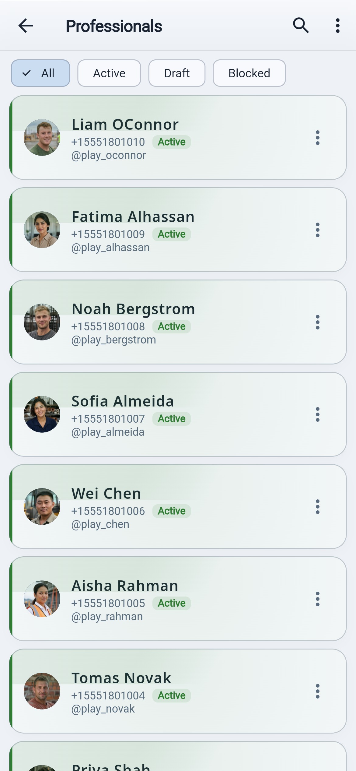 WFCC My team screen with direct reports